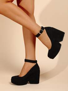 Faux Suede Ankle Strap Wedge Court Shoes, Black Elegant Solid Color Wedge Heel Shoes - Black - View 4