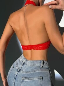 Floral Lace Halter Bra - Red - View 2