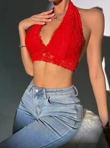 Floral Lace Halter Bra - Red - View 5