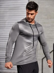 Manfinity Fitness Sudadera con capucha deportiva con cordón y estampado geométrico, estilo novio para hombres - Gris - Ver 4