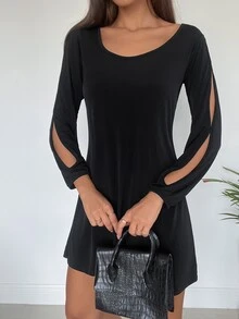 Cottnline Solid Cut Out Scoop Neck Dress - Black - View 1