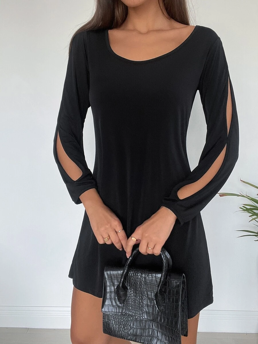Cottnline Solid Cut Out Scoop Neck Dress - Black - View 1