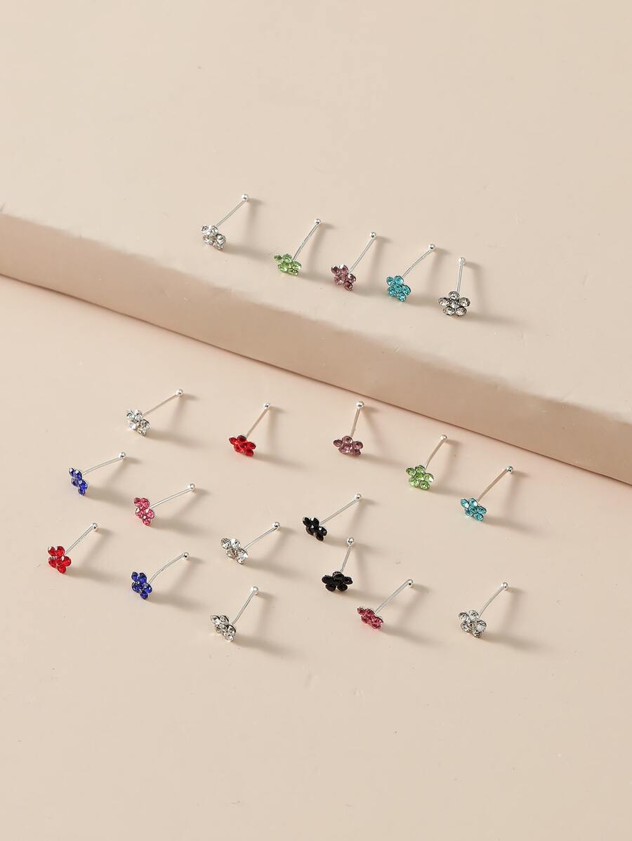 20pcs/Set Rhinestone Flower Decor Nose Stud Copper Crystal Punk Piercing For Women - Make A Bold Statement With This Edgy Body Jewelry Gift Valentines,Mom,Mother,Mother's Day,Gift - Multicolor - View 1