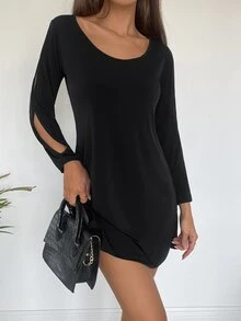 Cottnline Solid Cut Out Scoop Neck Dress - Black - View 4