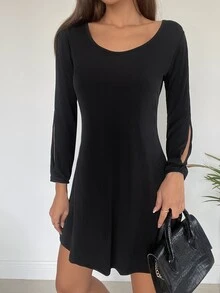 Cottnline Solid Cut Out Scoop Neck Dress - Black - View 5