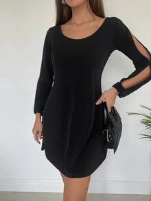 Cottnline Solid Cut Out Scoop Neck Dress - Black - View 6