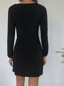 Cottnline Solid Cut Out Scoop Neck Dress - Black - View 7