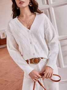 SHEIN Frenchy Drop Shoulder Pointelle Knit Cardigan - White - View 1