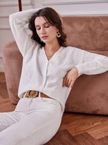 SHEIN Frenchy Drop Shoulder Pointelle Knit Cardigan - White - View 3