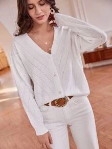 SHEIN Frenchy Drop Shoulder Pointelle Knit Cardigan - White - View 4