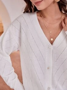 SHEIN Frenchy Drop Shoulder Pointelle Knit Cardigan - White - View 6