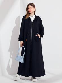 Seusyu 字母圖案落肩袖抽繩連帽連衣裙 - 黑色 - 查看 2