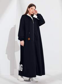 Seusyu 字母圖案落肩袖抽繩連帽連衣裙 - 黑色 - 查看 3