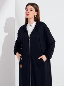 Seusyu 字母圖案落肩袖抽繩連帽連衣裙 - 黑色 - 查看 6