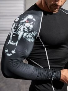 Hombres Camiseta deportiva con estampado de animal con puntada de manga raglán - Negro - Ver 3
