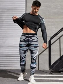 男士迷彩印花頂針運動緊身褲
