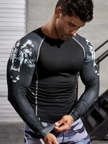 Hombres Camiseta deportiva con estampado de animal con puntada de manga raglán - Negro - Ver 5
