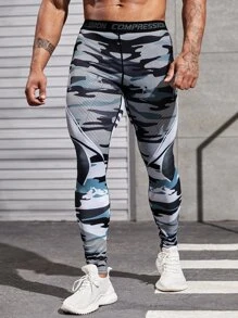 男士迷彩印花頂針運動緊身褲