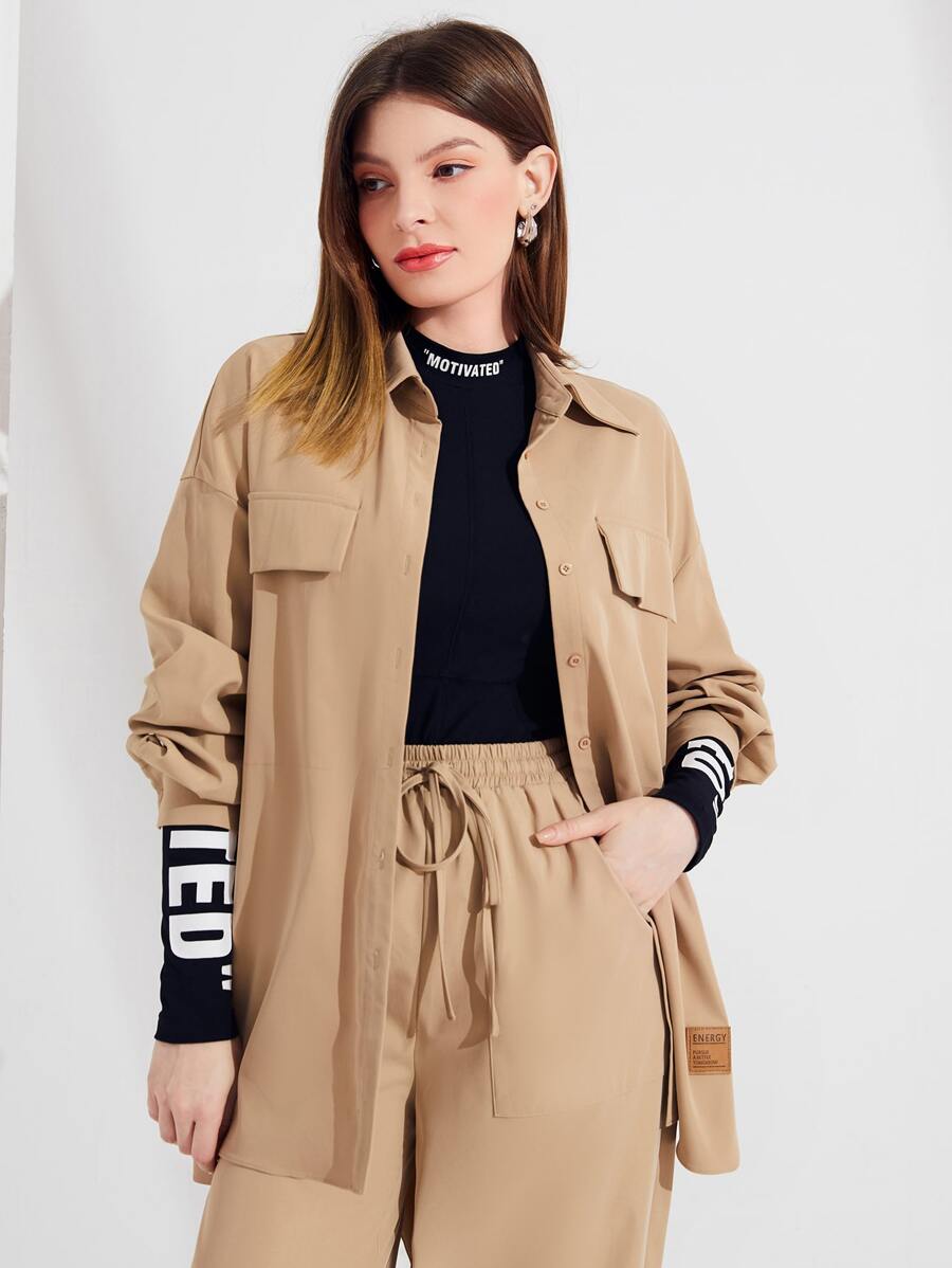 Mulvari Letter Graphic Drop Shoulder Shirt - Khaki - View 1