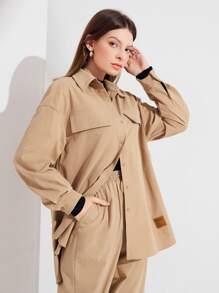 Mulvari Letter Graphic Drop Shoulder Shirt - Khaki - View 3