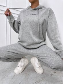 SHEIN LUNE Capucha de hombros caídos con bordado de letra con pantalones deportivos - Gris Claro - Ver 1
