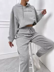 SHEIN LUNE Capucha de hombros caídos con bordado de letra con pantalones deportivos - Gris Claro - Ver 3