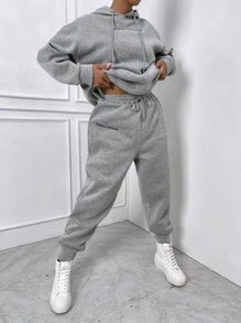 SHEIN LUNE Capucha de hombros caídos con bordado de letra con pantalones deportivos - Gris Claro - Ver 4