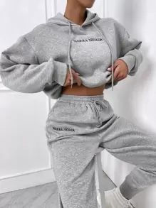 SHEIN LUNE Capucha de hombros caídos con bordado de letra con pantalones deportivos - Gris Claro - Ver 6
