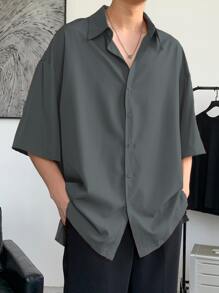 Claim Dot Loose Fit Men's Drop Shoulder Shirt With Split Hem,Fall