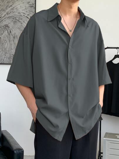 Claim Dot Loose Fit Men's Drop Shoulder Shirt With Split Hem,Fall