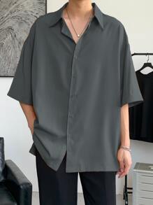 Claim Dot Loose Fit Men's Drop Shoulder Shirt With Split Hem,Fall