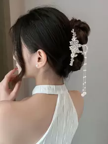 Flower & Faux Pearl Decor Hair Claw Royal - Silver - View 1