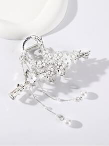 Flower & Faux Pearl Decor Hair Claw Royal - Silver - View 2