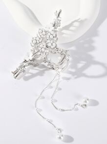 Flower & Faux Pearl Decor Hair Claw Royal - Silver - View 3