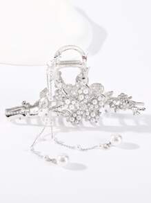 Flower & Faux Pearl Decor Hair Claw Royal - Silver - View 4