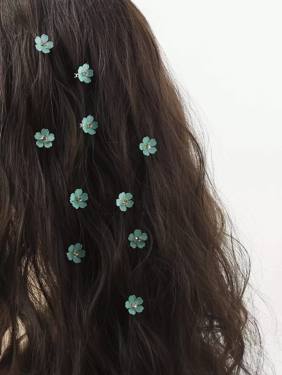 10个水钻花朵发夹，编织发夹，女士发饰，度假装扮，派对造型 - 綠色 - 查看 1