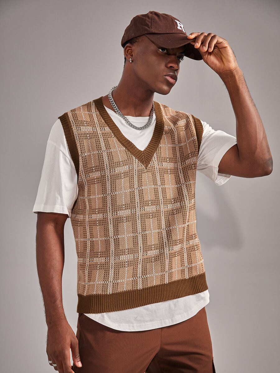ROMWE MEN Guys Plaid Sweater Vest - Brown - View 1