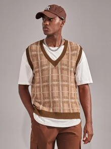 ROMWE MEN Guys Plaid Sweater Vest - Brown - View 3