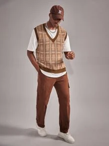 ROMWE MEN Guys Plaid Sweater Vest - Brown - View 4
