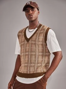 ROMWE MEN Guys Plaid Sweater Vest - Brown - View 5