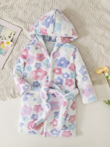 Toddler Girls Floral Print Hooded Belted Flannel Robe - White - View 1