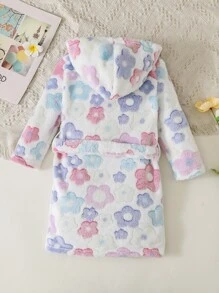 Toddler Girls Floral Print Hooded Belted Flannel Robe - White - View 2