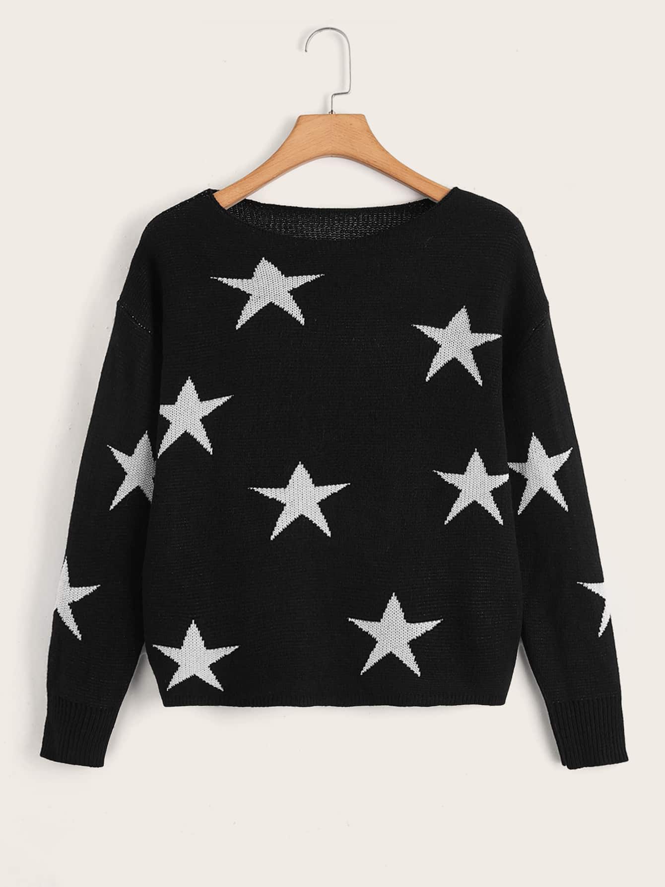 Muchica 星星圖案落肩袖套頭毛衣 - 黑色 - 查看 1