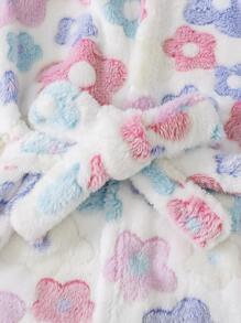 Toddler Girls Floral Print Hooded Belted Flannel Robe - White - View 4