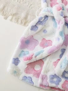 Toddler Girls Floral Print Hooded Belted Flannel Robe - White - View 6