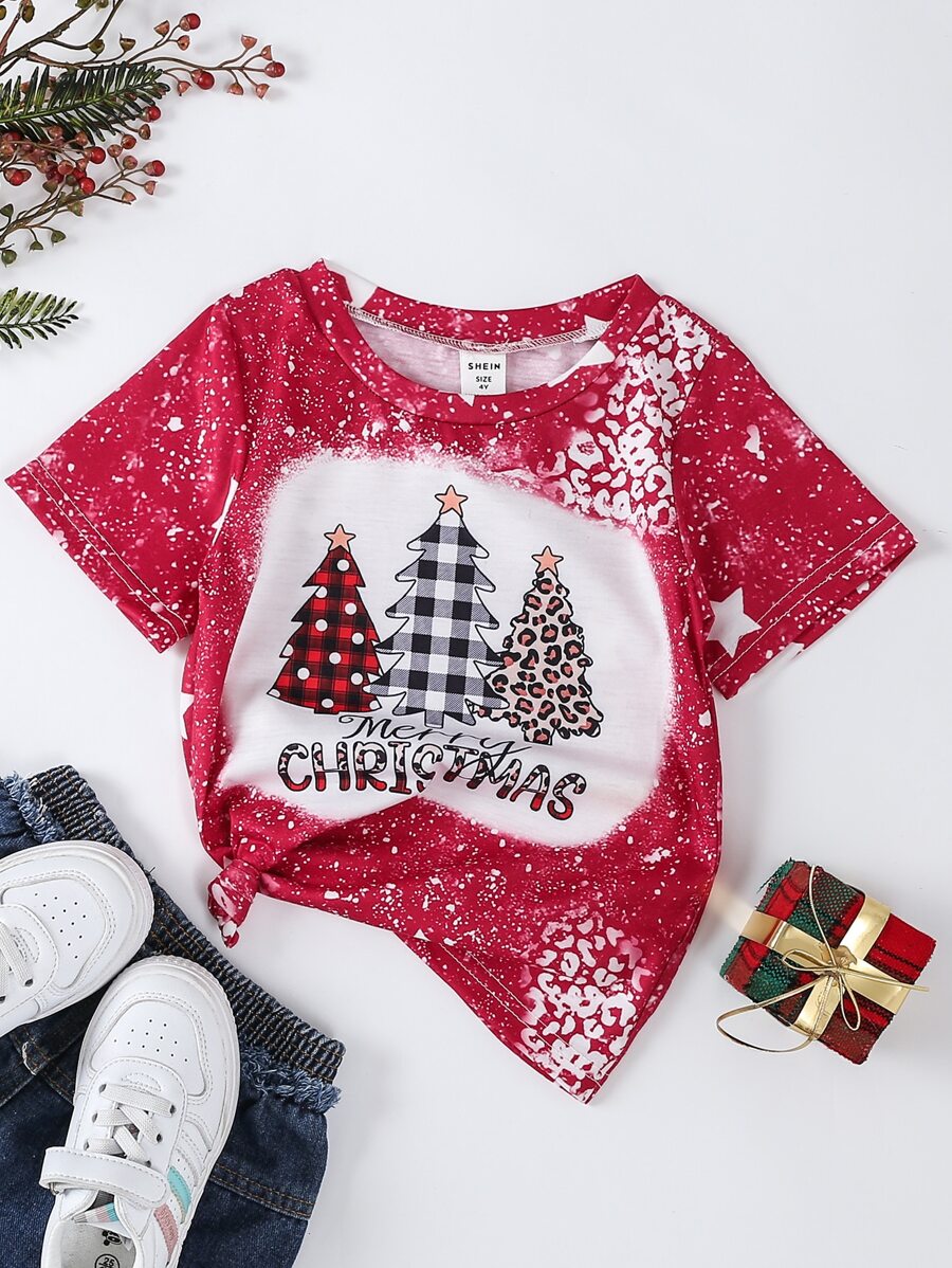 Meninas da Criança 1 peça Camiseta Impressão de Natal - Vermelho e Branco - Visão 1