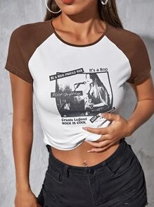 SHEIN Coolane Figure & Slogan Graphic Raglan Sleeve Crop Tee - Brown - View 4