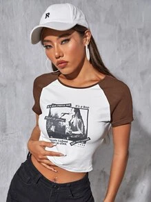 SHEIN Coolane Figure & Slogan Graphic Raglan Sleeve Crop Tee - Brown - View 1