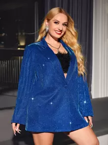 SHEIN Privé Plus Lapel Neck Glitter Blazer - Blue - View 4