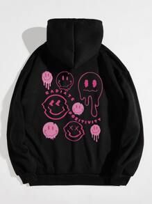 SHEIN EZwear Plus Size Cartoon And Letter Graphic Drawstring Sweatshirt Pullover Fall Sweatshirt - Black - View 1